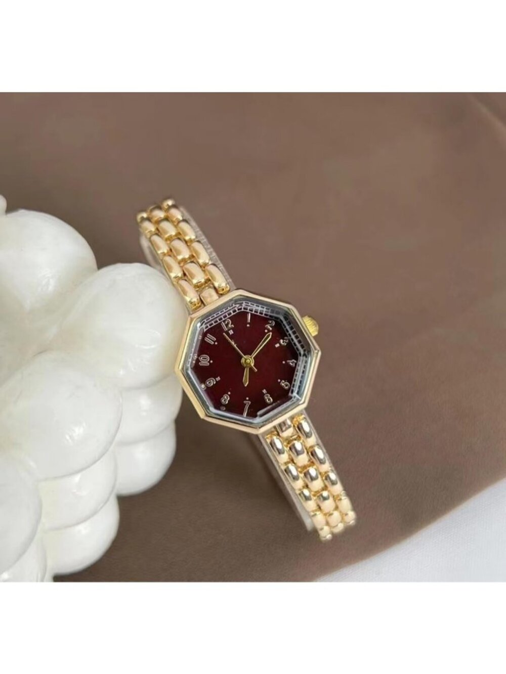 Women's Golden Red Octagonal Stainless Steel Dress Quartz Vintage Wrist Watches - Picture 2 of 6